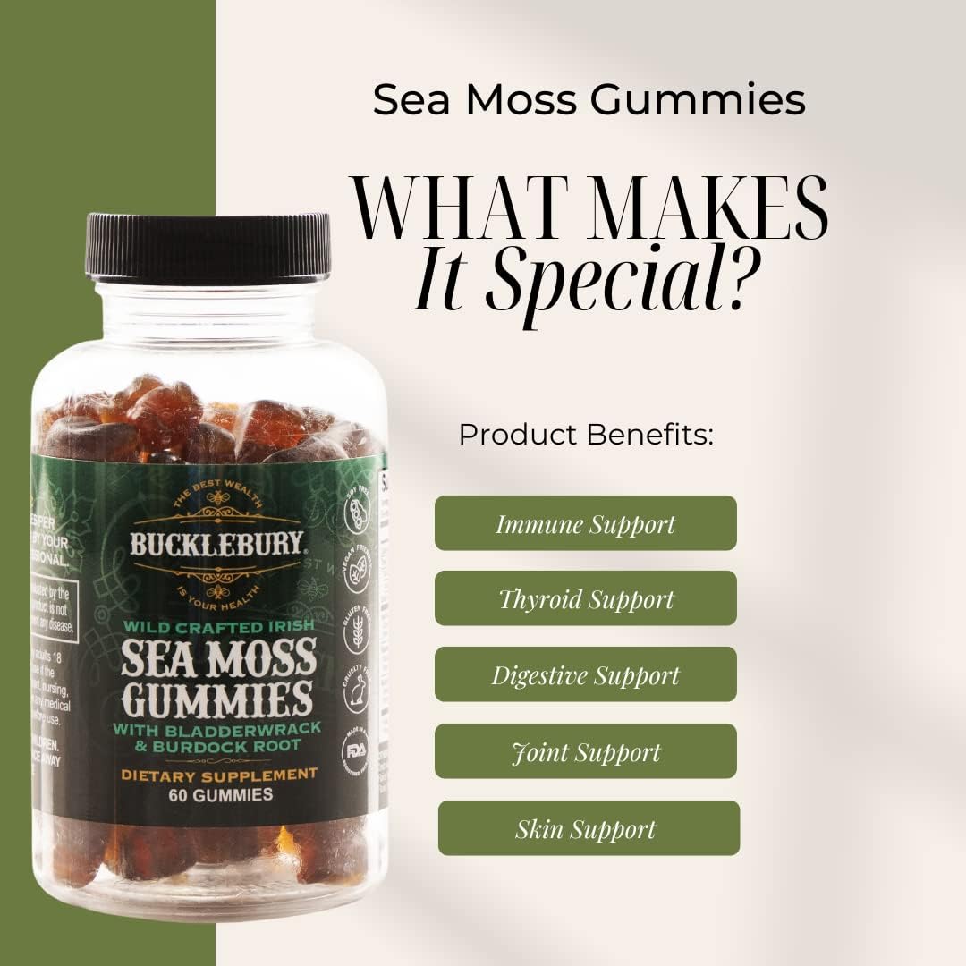 Bucklebury Wild Crafted Irish Sea Moss Gummies With Bladderwrack & Burdock Root - Chewable Natural Multivitamin Vegan Gummies For Immune, Thyroid, Digestive, And Gut Support - 60 Gummies : Health & Household