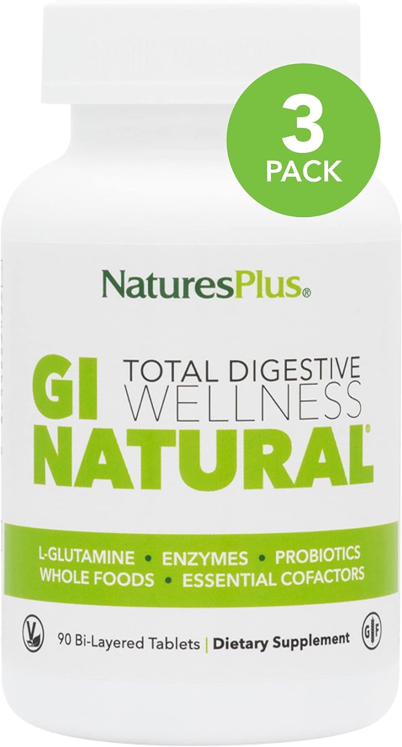 NaturesPlus GI Natural Total Digestive Wellness - 90 Bi-Layered Tablets, Pack of 3 - with L-Glutamine, Probiotics, Prebiotics & Enzymes - Gluten Free - 90 Total Servings