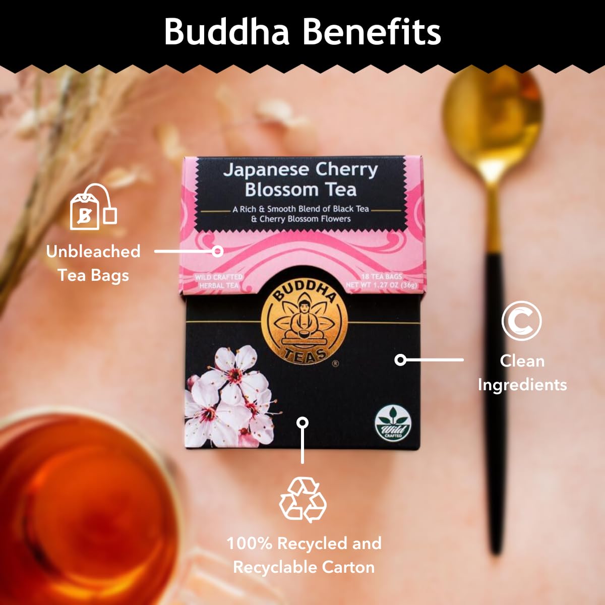Buddha Teas Japanese Cherry Blossom Tea - Ou Kosher, 18 Bleach-Free Tea Bags