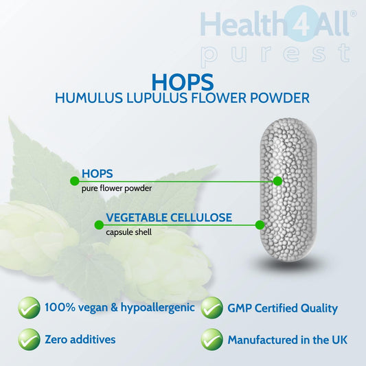 Health4All Hops 400Mg, 60 Capsules 2 Months Supply, Purest Anxiety, Stress And Sleep Supplement, Humulus Lupulus Herbal Vegan Capsules, Hops Flower (Strobiles, Cones) | Made In Uk