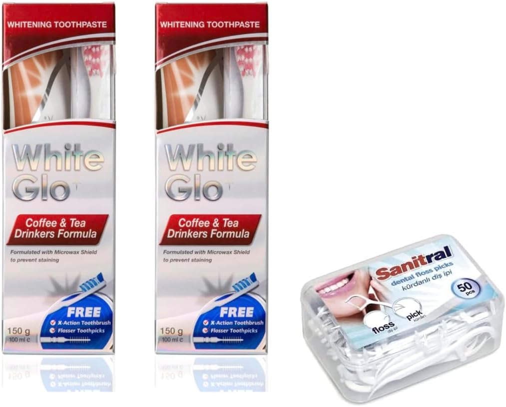White Glo Premium Coffee & Tea Drinkers Formula Intense Extra Whitening Toothpaste & Toothbrush-100 Ml (Pack Of 2) With Sanitral 50 Pcs Dental Floss Stick Included As A Gift
