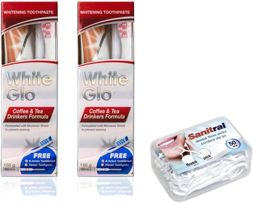 White Glo Premium Coffee & Tea Drinkers Formula Intense Extra Whitening Toothpaste & Toothbrush-100 Ml (Pack Of 2) With Sanitral 50 Pcs Dental Floss Stick Included As A Gift