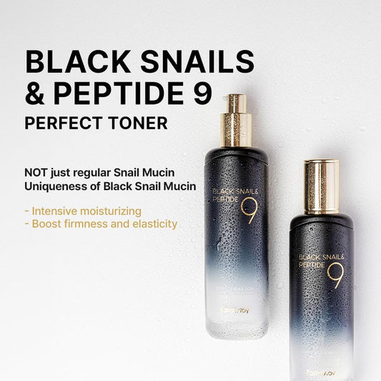 Farmstay Black Snail & Peptide 9 Perfect Toner, Snail Mucin Toner For Elastic & Glow Skin, Moisturizing & Anti-Aging, Smooths & Refine Skin Texutre, Korean Skin Care, For Women & Men, 4.05 Fl. Oz