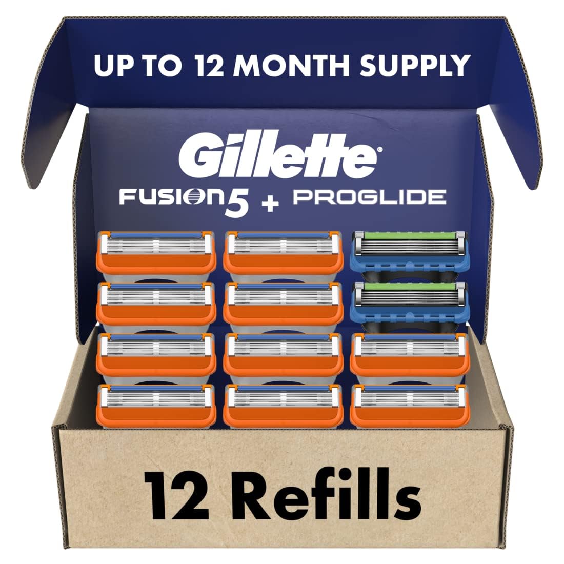 Gillette Mens Razor Blade Refills, 10 Fusion5 Cartridges, 2 Proglide Cartridges, Lubrastrip For A More Comfortable Shave