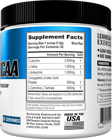 Evlution Stimulant Free Lean Bcaa Powder Nutrition Bcaas Amino Acids Powder With Cla Carnitine And 2:1:1 Branched Chain Amino Acids Supports Muscle Recovery Fat Burn And Metabolism - Blue Raz
