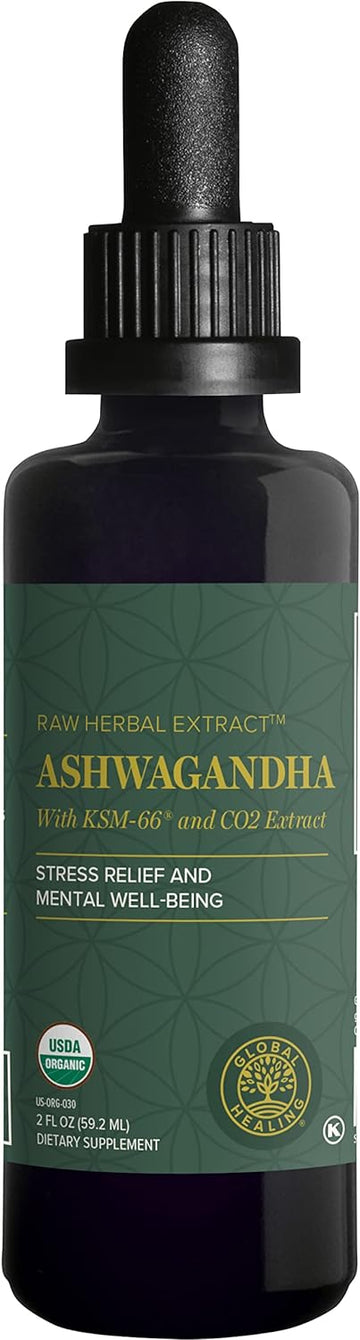 Global Healing Organic Ashwagandha Supplement Drops - Liquid Ashwagandha KSM 66 Extra Strength for Men & Women - Helps Promote Relief from Stress - 2 Fl Oz