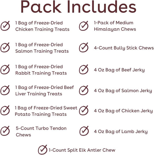 Pupford Small Dog And Puppy Bark Pack - Freeze Dried Treats (Beef, Chicken, Rabbit, Sweet Potato, Salmon), Yak Chew, Bully Stick 4-Pack, Tendon And Jerky Variety Packs (Chicken, Salmon, Beef, Lamb)