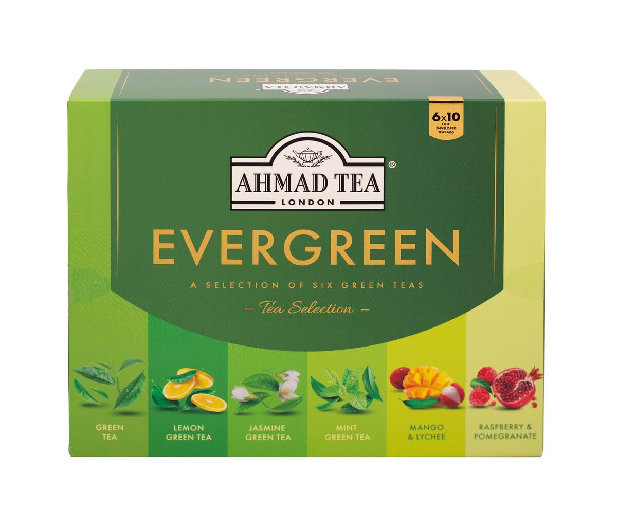 Ahmad Tea Green Tea, Evergreen Selection Pack Teabags, 60 Foil Teabags - Caffeinated & Sugar-Free