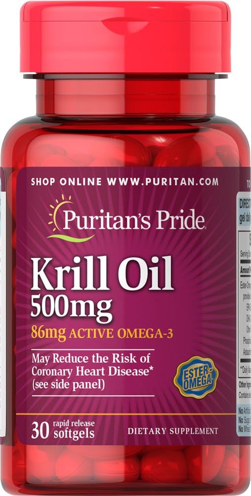 Puritan's Pride Red Krill Oil 500 Mg Active Omega Softgels, 30 Count