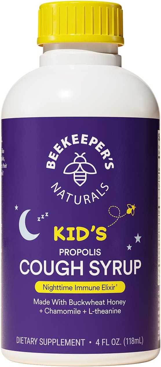 Beekeeper's Naturals Propolis Honey Cough Syrup Nighttime for Kids Immune Support with Propolis, Elderberry & Raw Honey - Sleep Support with Chamomile & L-Theanine - Gluten Free, 4 oz