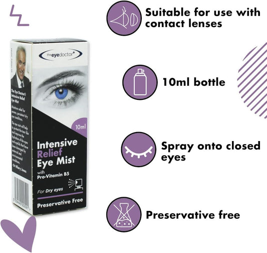 The Eye Doctor Eye Mist Intensive Relief - Soothes Irritated Tired Dry Eyes - Preservative Free - Contains Pro-Vitamin B5 - Suitable For Contact Lenses - 10Ml Spray Bottle