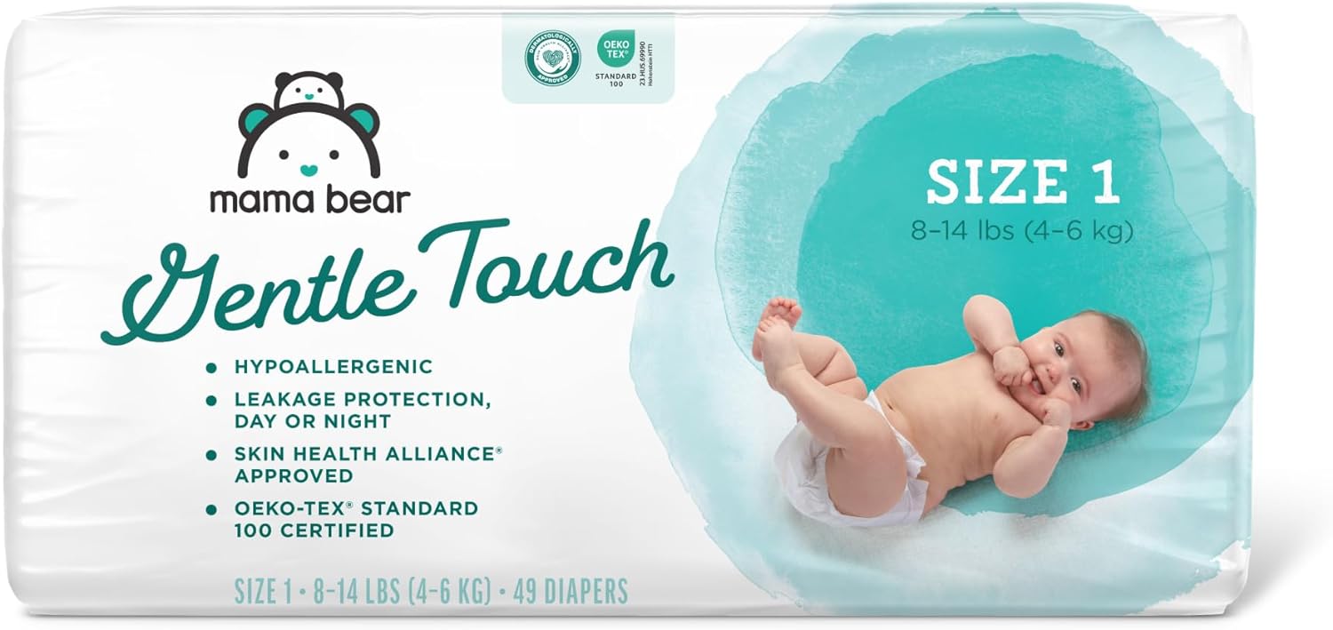 Amazon Brand - Mama Bear Gentle Touch Diapers, Hypoallergenic, Size 1, 49 Count, White