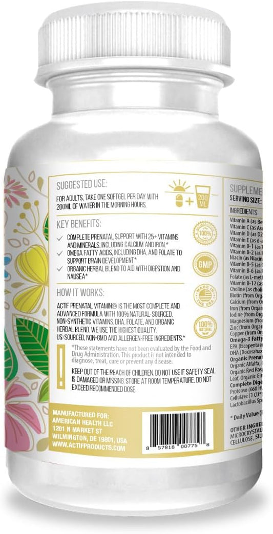 ACTIF Organic Prenatal Vitamin with 20+ Vitamins, Omega-3, DHA, Organic Herbs, Non-GMO, Made in USA, 90 Count : Health & Household