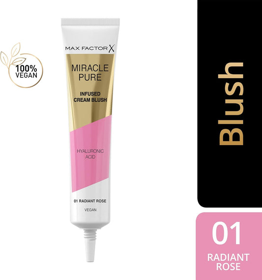 Max Factor Miracle Pure Cream Blush 01 Radiant Rose, Moisturising, Plumps & Hydrates, Buildable Glow, Infused With Hyaluronic Acid & Squalene, Fresh & Healthy Looking Skin, 100% Vegan