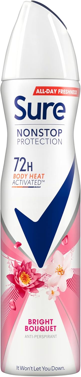 Sure Nonstop Protection Bright Bouquet Anti-Perspirant Aerosol Women'S Deodorant Spray With Body Heat Activated Tech. And A Strawberry & Vanilla Scent For 72 Hour Odour And Sweat Protection 6X 250 Ml