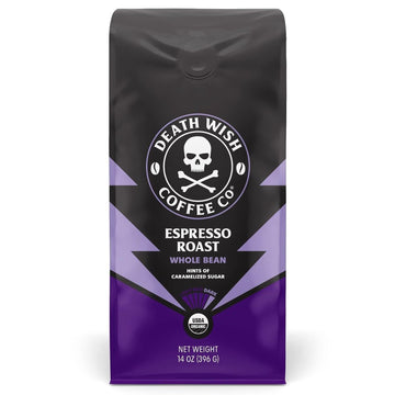 Death Wish Coffee Co. Whole Bean Espresso Roast - Extra Kick Of Caffeine - Organic, Fair Trade, Arabica And Robusta Coffee Beans, 14 Ounce (Pack Of 1)
