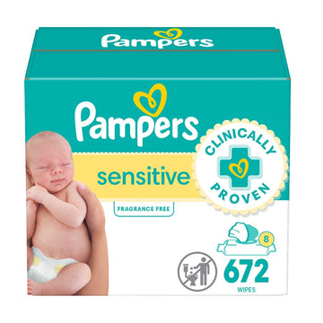 Pampers Sensitive Baby Wipes, Water Based, Hypoallergenic And Unscented, 8 Flip-Top Packs (672 Wipes Total)