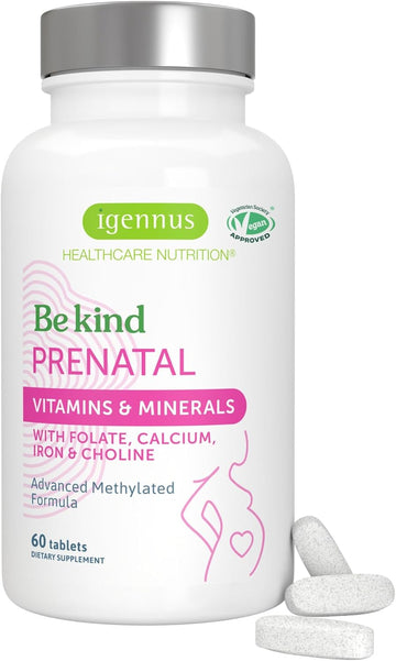 Igennus Methylated Prenatal Multivitamin For Women, Folate For Mthfr, High Absorption, Pure & Clean, Gentle Iron, Choline, Calcium & Magnesium, Vegan Pregnancy Vitamins, Halal, Non-Gmo, 60 Tablets X 6