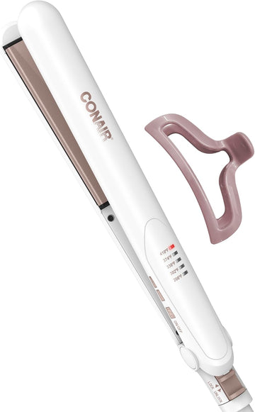 Conair Double Ceramic Flat Iron, 1-Inch Hair Straightener With Claw Clip, Five Heat Settings, Hair Iron With Extra Long Floating Plates, White