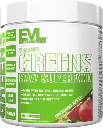 Evlution Nutrition Stacked Greens - Raw Superfood - Made With Natural Greens Blend + Essential Daily Micronutrients - Immunity + Hydration Support - Vegan & Gmo-Free - 30 Servings - Orchard Apple