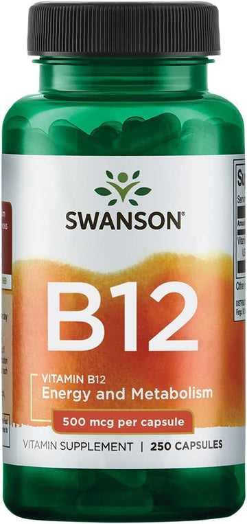 Swanson Vitamin B12 (Cyanocobalamin) - Vitamin Supplement Promoting Energy Metabolism, Nervous System Health & Heart Support - Supports Red Blood Cell Formation (250 Capsules, 500mcg Each)