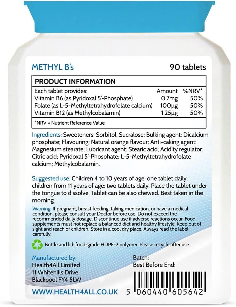 Health4All Kids Methyl B's 90 Tablets for Children for Stress & Mood Support. Sublingual Vegan pre-methylated B12 Methylcobalamin, 5-Methylfolate and Vitamin B6 P-5-P : Amazon.co.uk: Health & Personal Care
