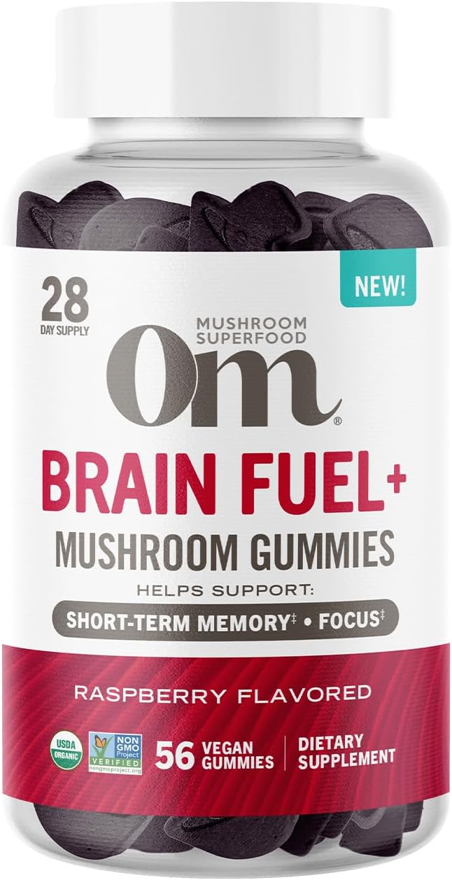 Om Mushroom Superfood - Brain Fuel+ Gummies- Memory & Focus Support With Lion'S Mane & Reishi - Raspberry Gummy Supplements, 28 Servings