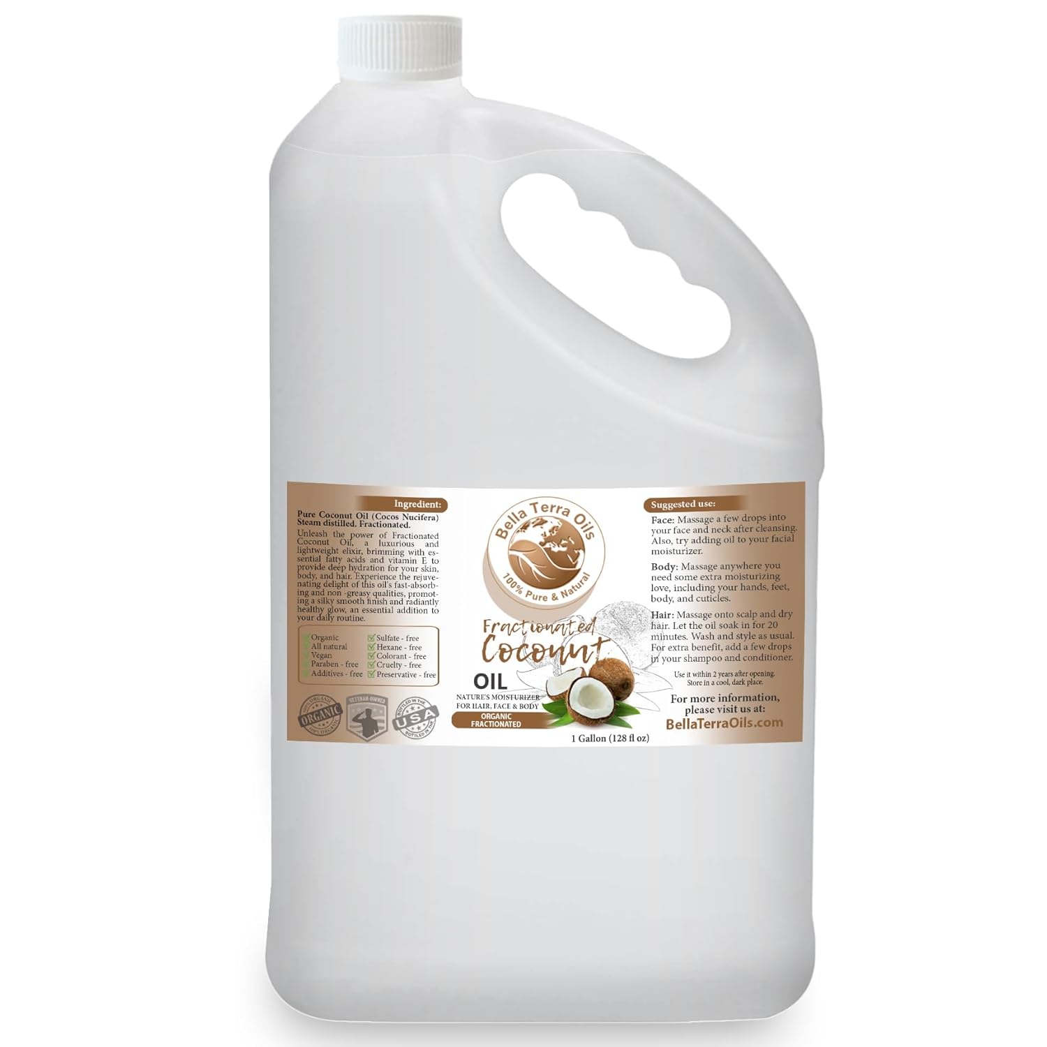 Bella Terra Oils Fractionated Coconut Oil (Mct Oil) – 1Gallon, Deeply Hydrating And Nourishing, Non-Greasy, For Hair & Skin