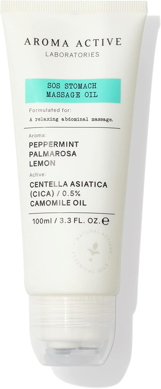 Aroma Active Laboratories Sos Stomach Massage Oil 100Ml - Ease Discomfort, Calm Turbulent, Cooling, Helps Take Down Bloated Tums, Ballooning, Cramps, Camomile, Centella Asiatica, Metal Applicator