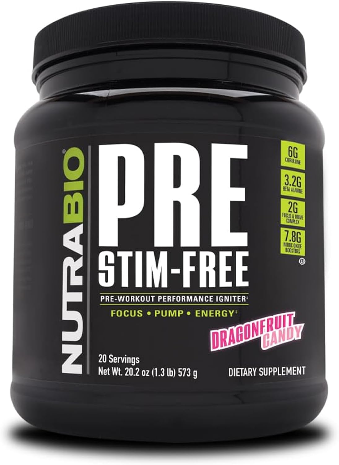 Nutrabio Pre Stim Free - Caffeine Free Pre Workout Powder - Sustained Energy, Mental Focus, Endurance - Clinically Dosed Formula - Beta Alanine, Creatinine - Dragonfruit Candy