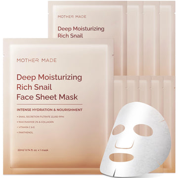 Moisturizing Anti-Aging Snail Mucin Face Masks 10 Ea, With Collagen, Niacinamide 2%, Squalane, Face Masks For Dry, Sensitive Skin, Travel Essentials, Self Care, Korean Skincare