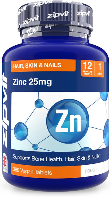 Zipvit Zinc 25Mg, 12 Months Supply, Recommended Dose Zinc Supplement, Supports Hair, Skin, Nails, Bones & Vision, Promotes Immunity, Fertility & Reproduction For Men & Women, 360 Vegan Tablets