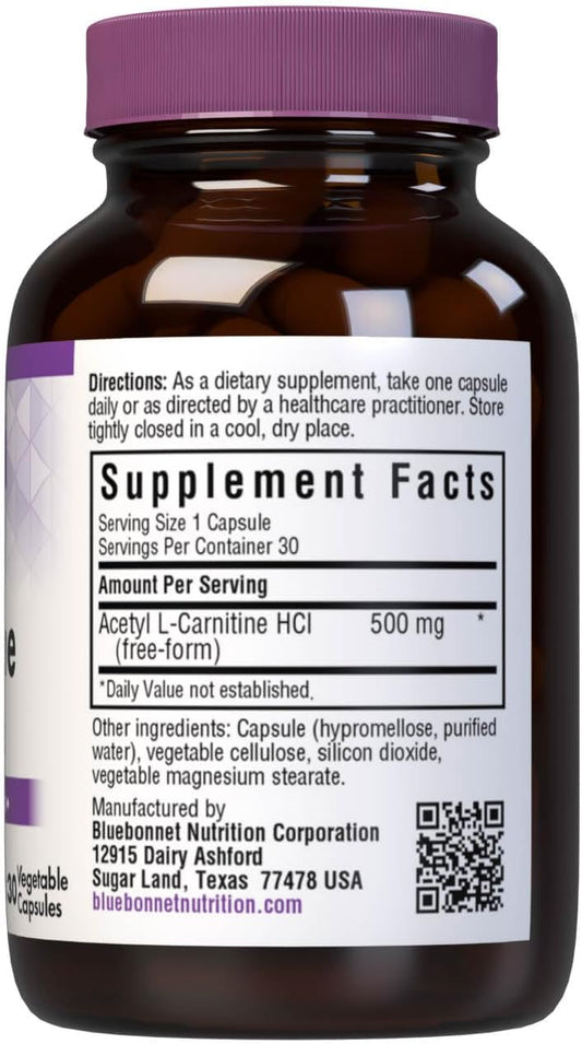 Bluebonnet Acetyl L-Carnitine 500 Mg Vitamin Capsules, 60 Count
