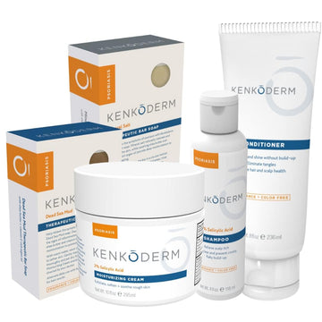 Kenkoderm Psoriasis Total Body & Scalp Bundle For Hair & Skin Care, Moisturizing Cream, 10 Oz, Dead Sea Mud Soap & Mineral Salt Soap, 4.25 Oz, Salicylic Acid Shampoo, 4 Oz & Conditioner 8 Oz