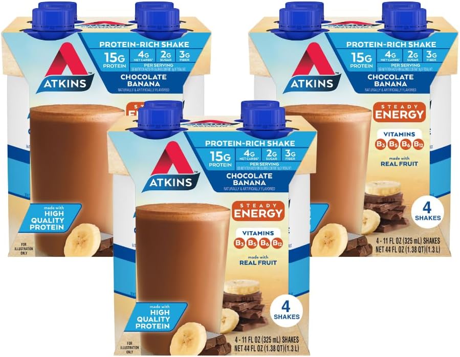 Atkins Chocolate Banana Protein Shake, 15G Protein, Low Glycemic, 4G Net Carb, 2G Sugar, Keto Friendly, 12 Count