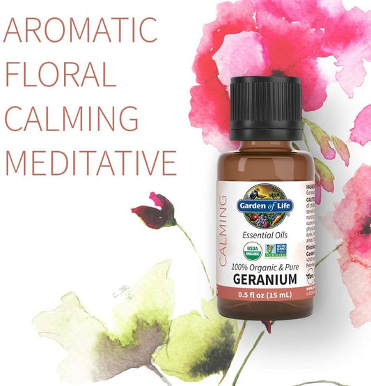 Garden Of Life Essential Oil, Geranium 0.5 Fl Oz (15 Ml), 100% Usda Organic & Pure, Clean,Undiluted For Diffuser,Aromatherapy,Meditation - Balance,Relaxation, Calming, Floral,Aromatic (103255)