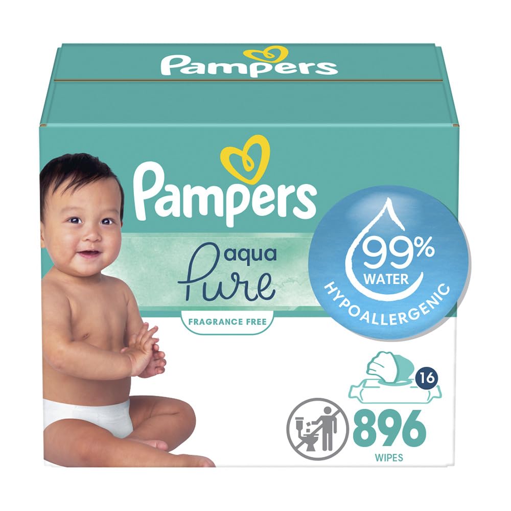 Pampers Aqua Pure Sensitive Baby Wipes, 99% Water, Hypoallergenic, Unscented Baby Wipes, 896 Baby Wipes Total (16 Flip-Top Packs)