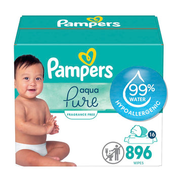 Pampers Aqua Pure Sensitive Baby Wipes, 99% Water, Hypoallergenic, Unscented Baby Wipes, 896 Baby Wipes Total (16 Flip-Top Packs)