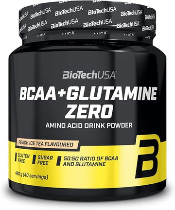 Biotechusa Bcaa + Glutamine Zero | 40 Servings | Vegan | Sugar-Free | Gluten-Free | 2:1:1 Ratio Bcaas | 480 G | Peach Ice Tea