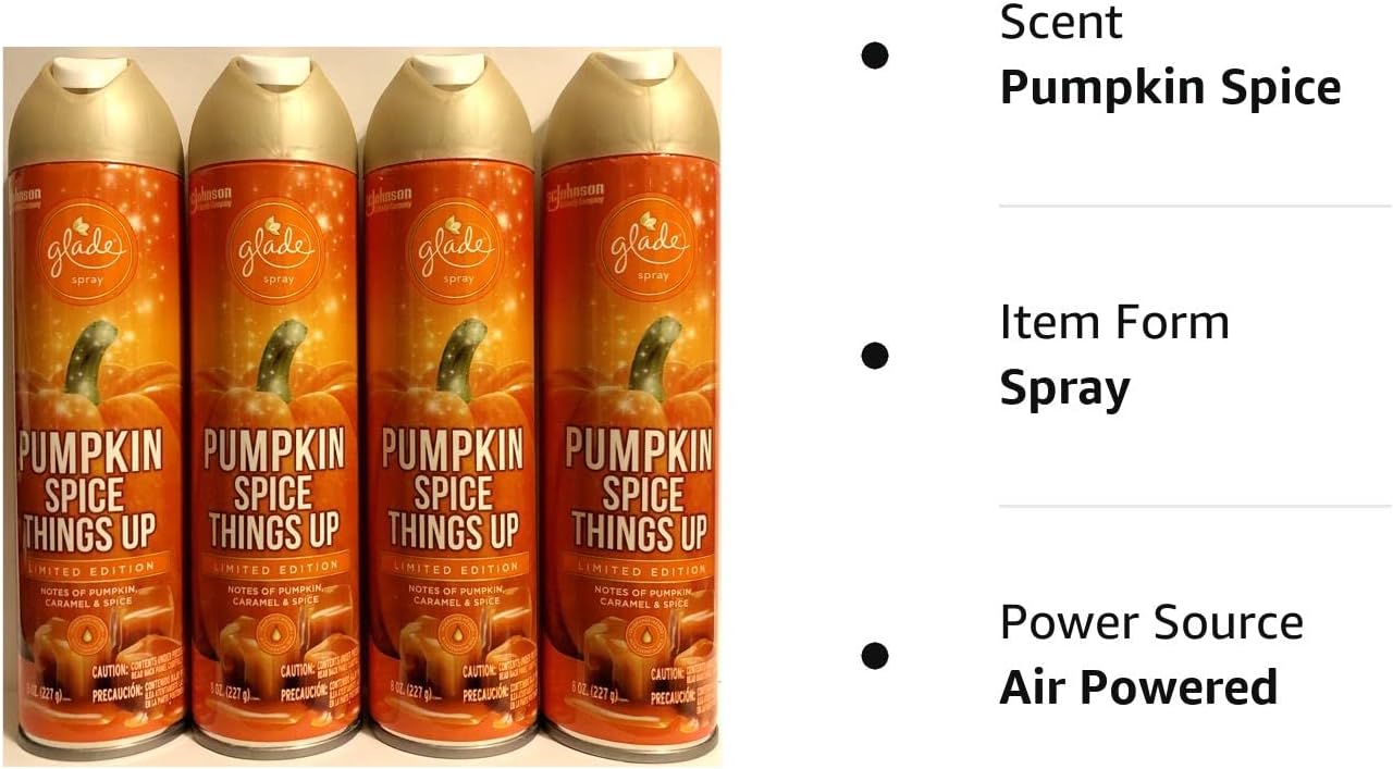 Glade Air Freshener Spray - Pumpkin Spice Things Up - Holiday Collection 2020 - Net Wt. 8 OZ (227 g) Per Can - Pack of 4 Cans4 : Health & Household