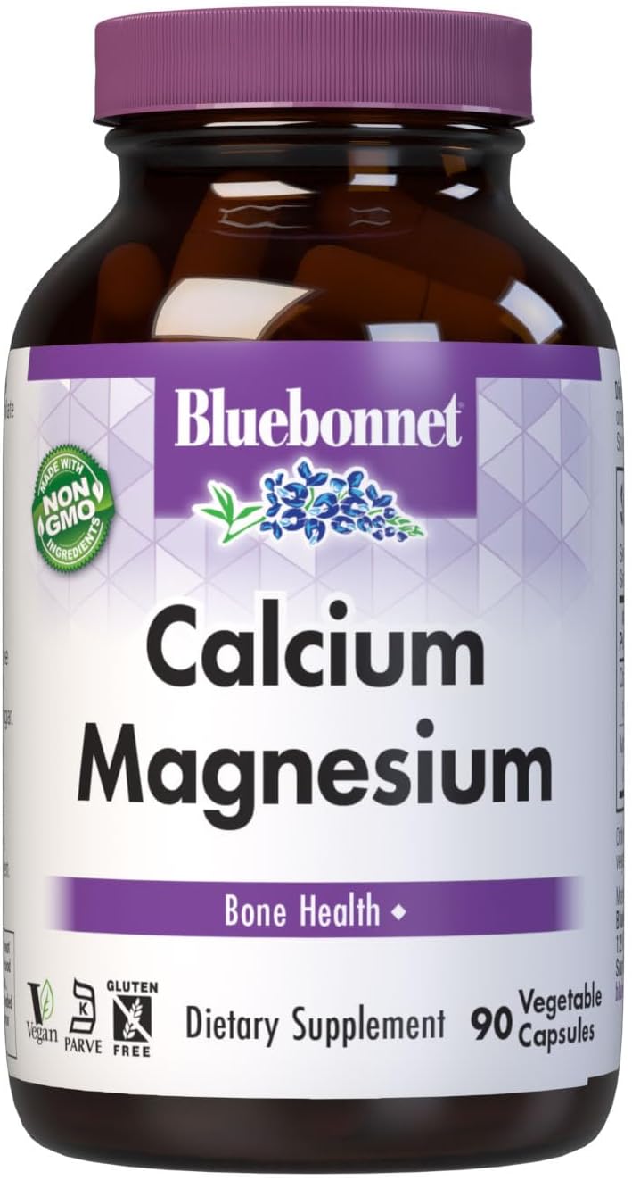 Bluebonnet Nutrition Calcium & Magnesium, Bone Health*, Non-Gmo, Vegan, Kosher Certified, Gluten-Free, Soy-Free, 90 Vegetable Capsules, 30 Servings