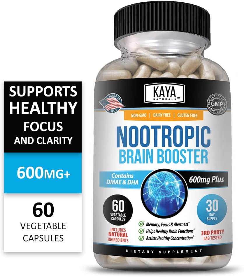 Kaya Naturals - Nootropic Brain Booster - for Memory & Focus - Brain Support Supplement - Focus & Concentration & Learning Accuracy - Cognitive Function - 60 Count : Health & Household