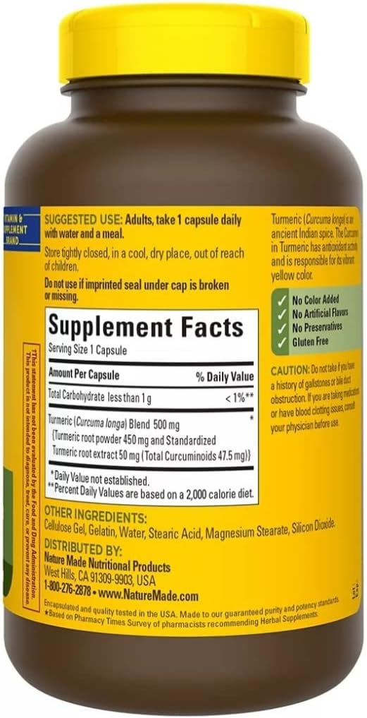 Nature Made Turmeric Curcumin 500 milligram. Capsules (Antioxidant) Value Size 180 Ct
