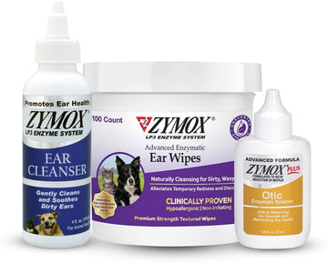 Zymox Enzymatic Ear Wipes, Ear Cleanser, & Otic Plus Ear Solution Hydrocortisone Free For Dogs And Cats - Product Bundle - For Dirty, Waxy, Smelly Ears And To Soothe Ear Infections