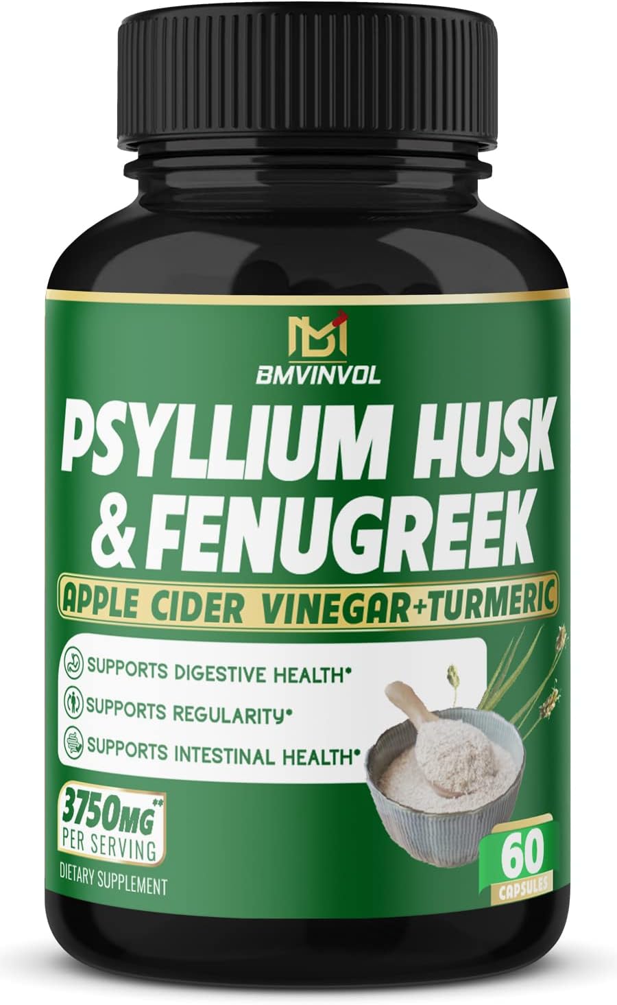 BMVINVOL Psyllium Husk Capsules 3750mg - Fenugreek, Apple Cider Vinegar, Turmeric - Fiber Supplement for Supports Digestive Health & Regularity (60Count)