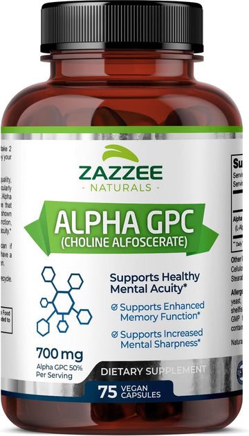 Zazzee Extra Strength Alpha Gpc Choline, 700 Mg Per Serving, 75 Vegan Capsules, 100% Pure Pharmaceutical Grade, 100% Vegetarian, Standardized For Potency And Purity, All-Natural And Non-Gmo