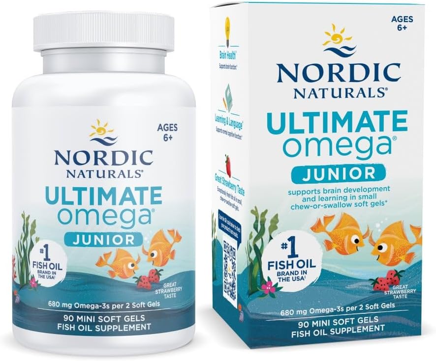 Nordic Naturals Ultimate Omega Jr., Strawberry - 90 Mini Soft Gels - 680 Total Omega-3s with EPA & DHA - Brain Health, Mood, Learning - Non-GMO - 45 Servings