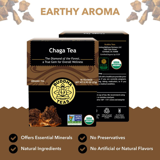 Buddha Teas - Chaga Tea - Organic Herbal Tea - For Cognitive Balance & Overall Health - With Chaga Mushroom, Antioxidants & B Vitamins - Caffeine Free - 100% Kosher & Non-Gmo - 18 Tea Bags (Pack Of 3)