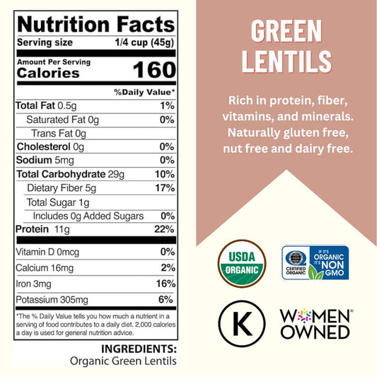 Mountain High Organics - 1 lb Bag (Pack of 6), Certified Organic Dried Green Lentils, Bulk, Sproutable, Non GMO, Vegan, Plant Based Protein and Fiber