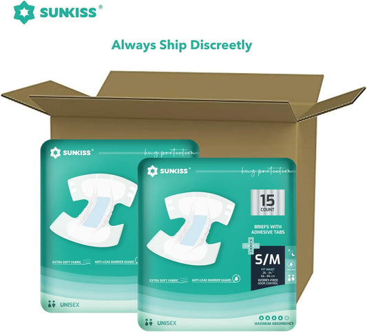 SUNKISS TrustPlus Adult Diapers with Maximum Absorbency, Unisex Disposable Incontinence Briefs with Tabs for Men and Women, Odor Control, Small/Medium, 15 Count